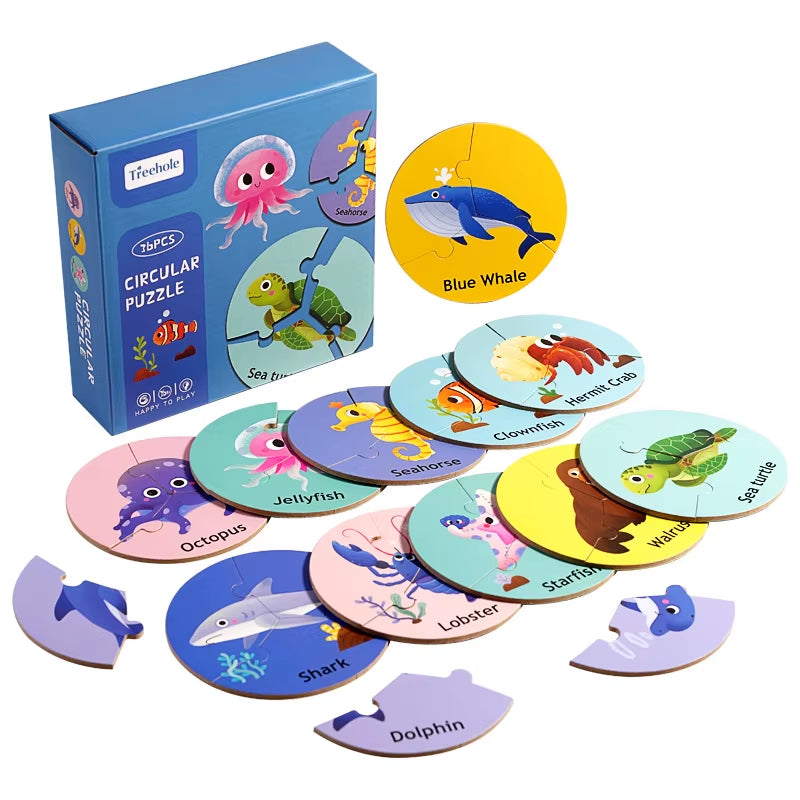 Children Educational Wooden Puzzle Toy 36Pcs Forest Marine Animal Cognitive Wooden Circular Puzzle Game Kids Wooden Toys